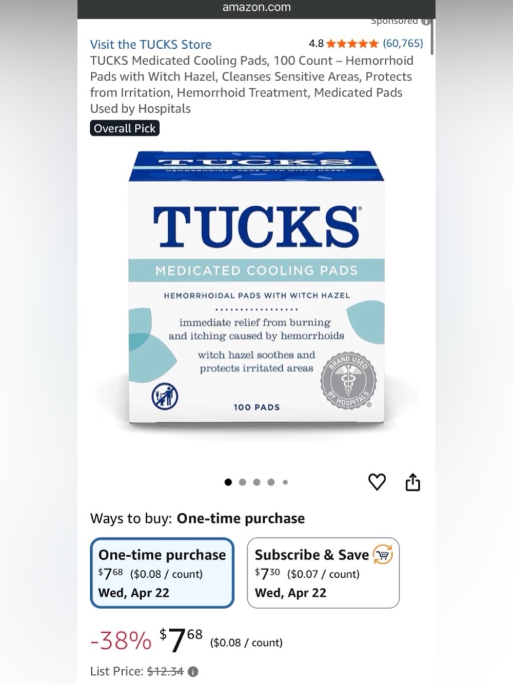 UNOPENED:TUCKS Medicated Cooling Pads - 100 + 1 FREE Pampers Amore Diaper SAMPLE